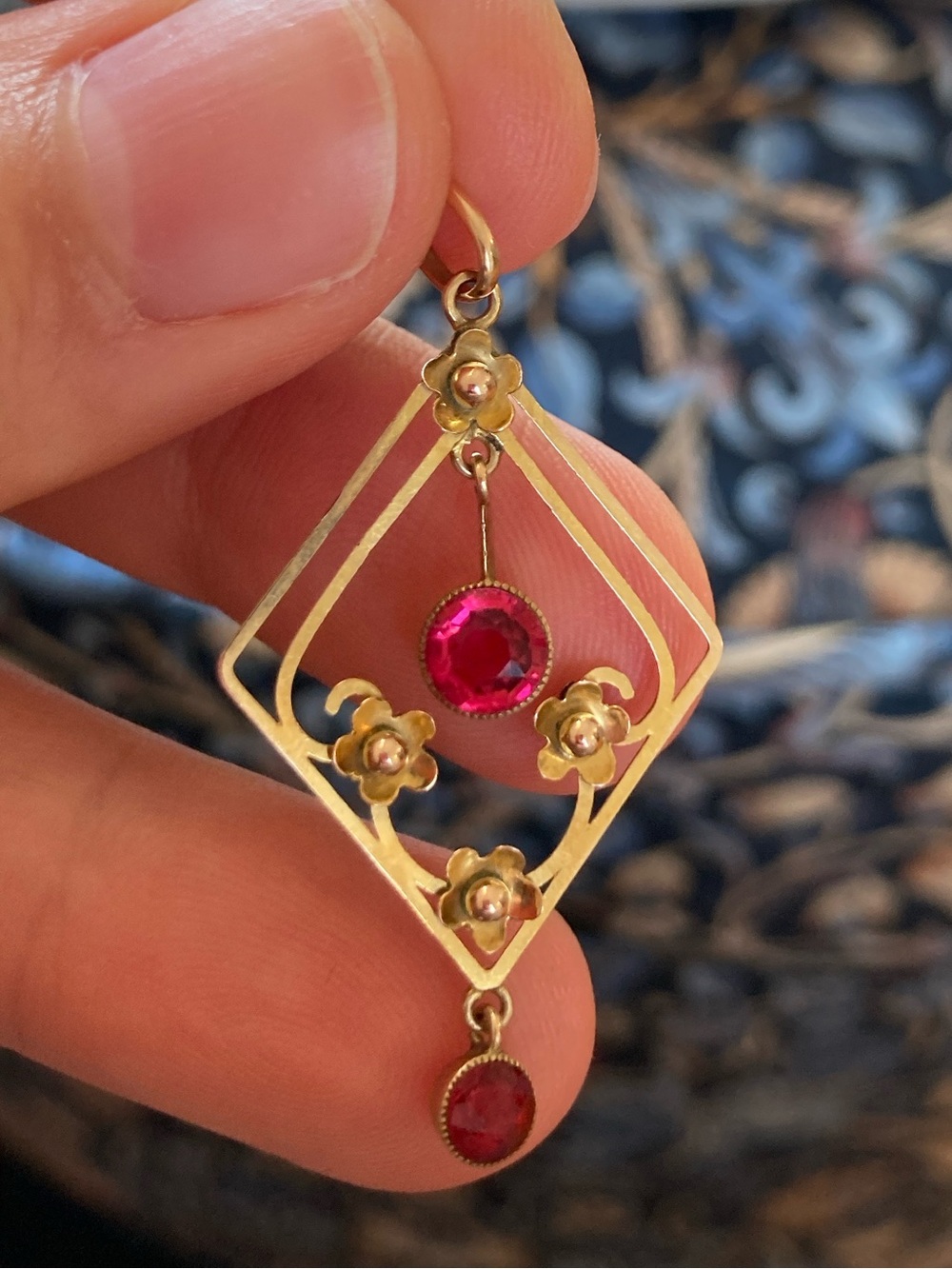 Antique Edwardian 9K Gold & Pink Paste Lavaliere Pendant